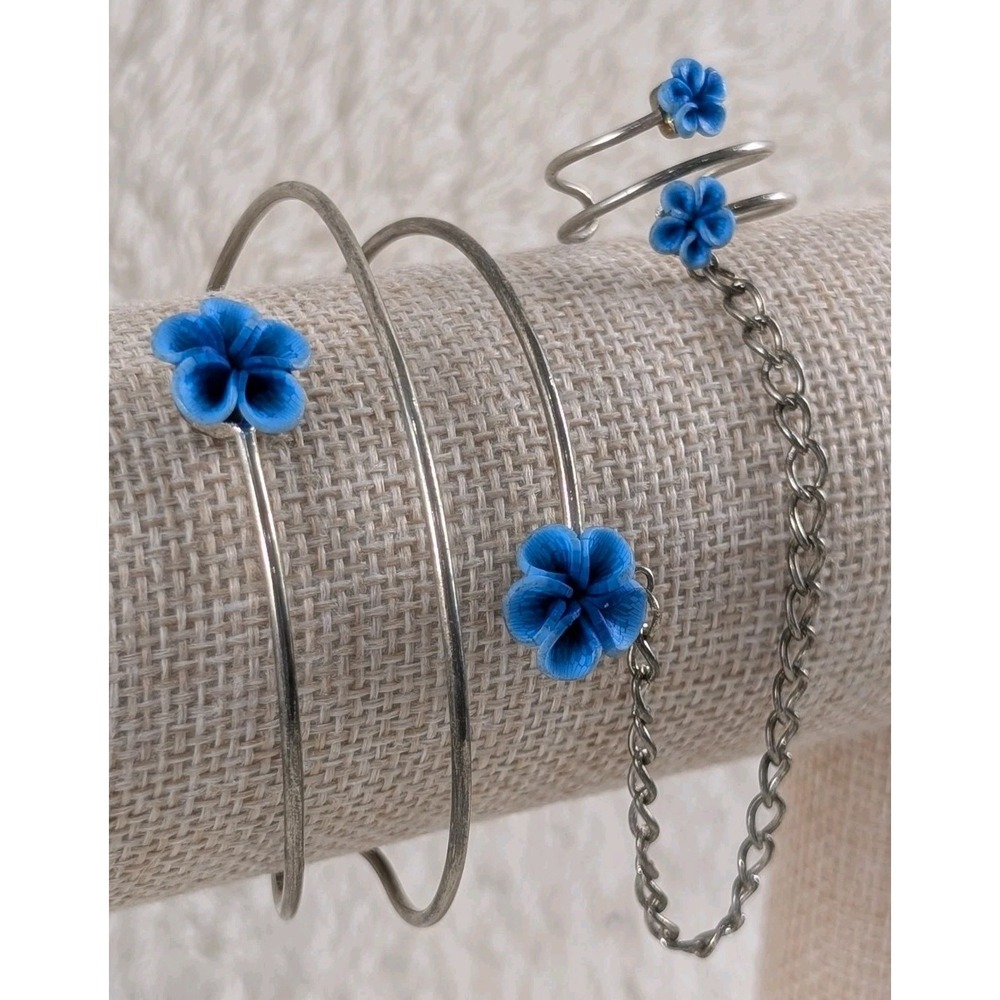 Silver Tone Blue Flower Cuff Bracelet Adjustable Safety Chain Artisan‎ Style
